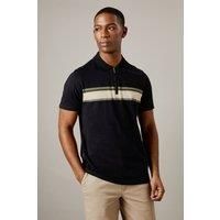 Mens Black Chest Stripe Zip Neck Polo Shirt - M