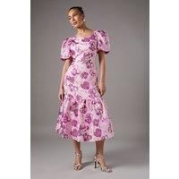 Pink Metallic Floral Jacquard Dress