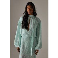 Warehouse Women's Chiffon Jacquard High Neck Slash Front Blouse in Apple Green | Size: 12