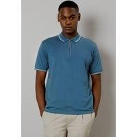 Mens Mid Blue Fine Tipping Zip Polo Shirt - Xl