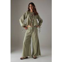 Warehouse Women's Cheesecloth Shirred Waist Wide Leg Trousers in Khaki | Size: 10