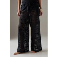Warehouse Women's Crochet Drawstring Waist Wide Leg Trousers in Black | Size: 10