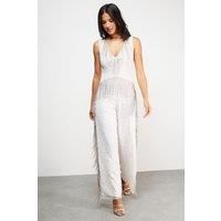 Hen Hand Embellished Plunge Neck Sequin Fringe Jumpsuit