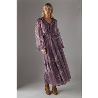 Warehouse Women's Metallic Chiffon Tier Maxi Skirt in Mauve | Size: 6