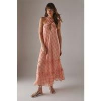 Dobby Chiffon Frill Halter Tier Ruffle Maxi Dress