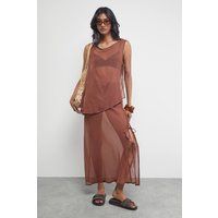 Warehouse Women's Chiffon Tie Side Column Midi Skirt in Chocolate | Size: 10