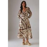 Metallic Jacquard Ruched Sleeve Plunge Neck Bias Midi Dress