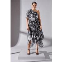 PRINTED ASYMMETRIC PLEATED MIDI DRESS