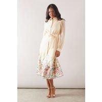 Womens Floral Organza Belted Shirt Dress