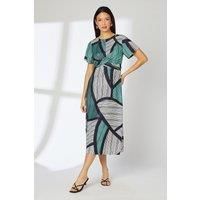 Sage Geo Print Twist Waist Woven Midi Dress