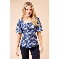 Womens Blue Floral Tie Front Puff Sleeve Blouse