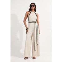 Lace Trim Insert Linen Woven Jumpsuit