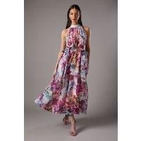 Printed Halter Tiered Maxi Dress With Bow Waist Detail