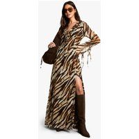 Womens Zebra Ruffle Tie Sleeve Belted Chiffon Maxi Dress