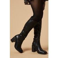 Oasis Womens Knee High Boots Black Stretch Faux Leather Square Toe Block Heel
