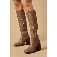 Oasis Womens Knee High Boots Taupe Stretch Faux Leather Square Toe Block Heel
