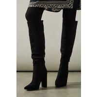 Oasis Womens Knee High Boots Black Faux Suede Pointed Toe Block Heel