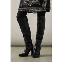 Oasis Womens Over The Knee Boots Black Faux Leather High Block Heel Pointed Toe