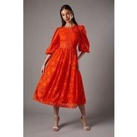Geo lace Blouson Sleeve Midi Dress
