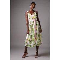 Floral Sequin Midi Dress With Ribbon Tie