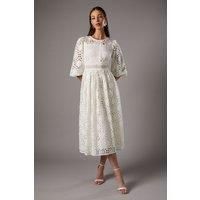 Geo lace Blouson Sleeve Midi Dress