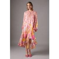 Volume Chiffon Tie Neck Midi Dress