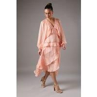 Frill Midi Dress With Blouson Sleeve