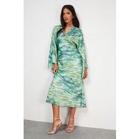 Flare Sleeve Plunge Satin Midi Dress