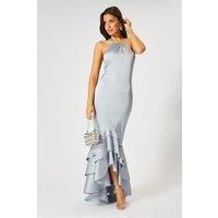 Satin Frill Hem Hater Neck Maxi Dress