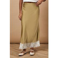 Oasis Women's Satin Bias Cut Lace Hem Skirt in Green | Size: 10