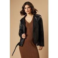 Oasis Womens Jacket Black Pu Leather Zip Detail Adjustable Belt Multiple Pockets