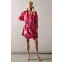 Wallis Womens Mini Dress Berry Petite Floral Print Tie Neck Long Sleeve