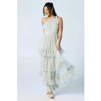 Oasis Womens Maxi Dress Sage One Shoulder Pleated Mesh Tiered Bridesmaids