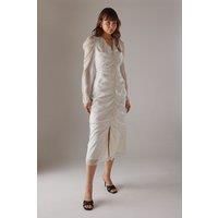 Spot Chiffon Ruched Plunge Button front Midi Dress