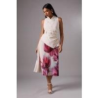 Petite Pleated Skirt V Neck Sleeveless Midi Dress