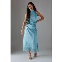 Petite Crinkle Satin Halter Fringe Midi Dress
