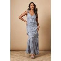 Sequin Lace Ruffle Detail Midaxi Dress