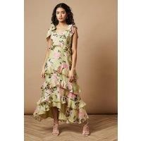 Petite Floral Printed Tiered Ruffle Tie Shoulder Midi Dress