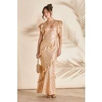 Metallic Jacquard Frill Midi Dress