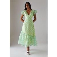 Check Organza Plunge Neck Frill Shoulder Midi Dress