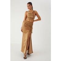 MissPap Women's Satin Cowl Neck Top & Maxi Skirt Co-ord in Bronze | Size: 16