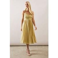 Womens Petite Lace Trim Pleated Strappy Midi Dress