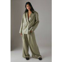 Warehouse Women's Relaxed Satin Wide Leg Trousers with Raw Edge Waistband in Khaki | Size: 12