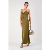 MissPap Women's Tie Detail Strappy Satin Maxi Dress in Olive | Size: 10