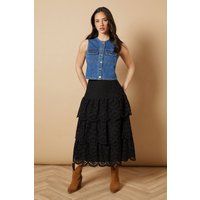 Oasis Women's Broderie Tiered Midi Skirt in Black | Size: 18