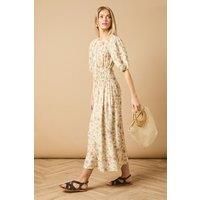 Printed Shirred Bodice Puff Sleeve Midi Dress