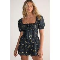 Cotton Ditsy Lace Trim Corset Puff Sleeve Romper