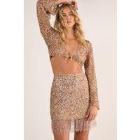 Metallic Net Sequin Pearl Tassel Tie Side Mini Skirt