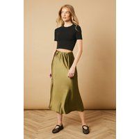 Oasis Women's Bias Cut Satin Midi Skirt in Khaki | Size: 8