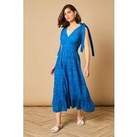 Tie Shoulder V Neck Broderie Midi Dress